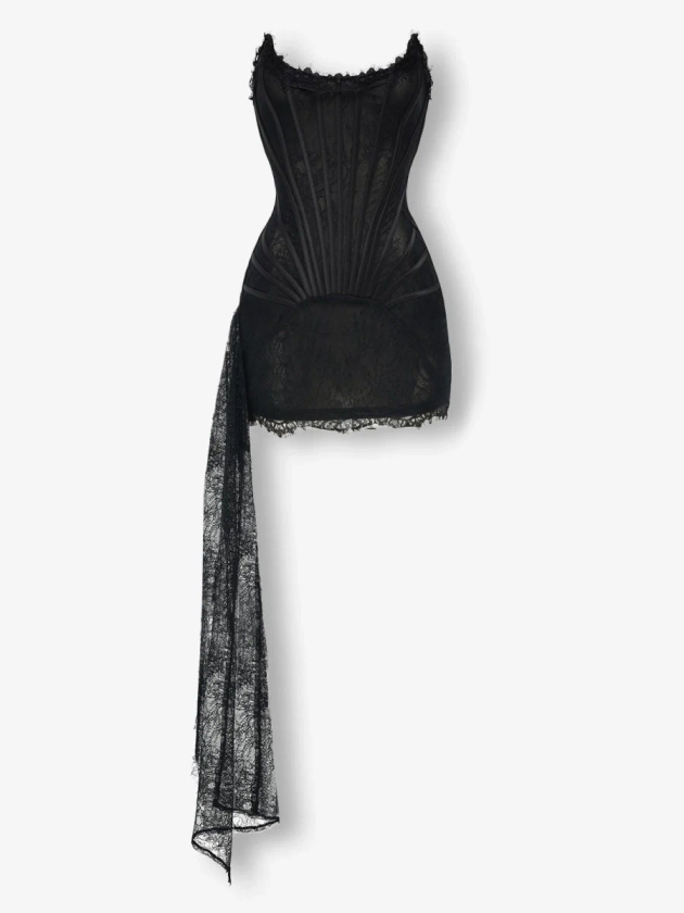 Black lace mesh corset drape mini dress