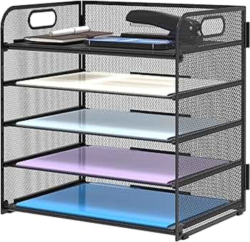 Supeasy 5 Trays Paper Organizer with Handle - Mesh Desk File/Letter Organizer,Black Paper Sorter for Office, Home or School