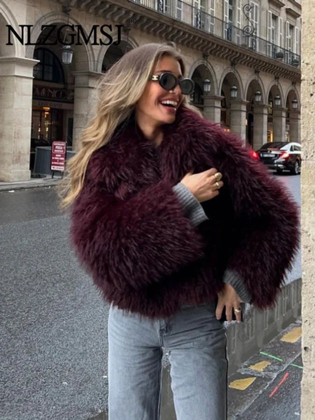 TRAF-Manteau en Fourrure à Revers Élégant pour Femme, Veste Courte à Manches sulf, Haut Optique de Rue, Chaud et à la Mode, Hiver 2024 - AliExpress 