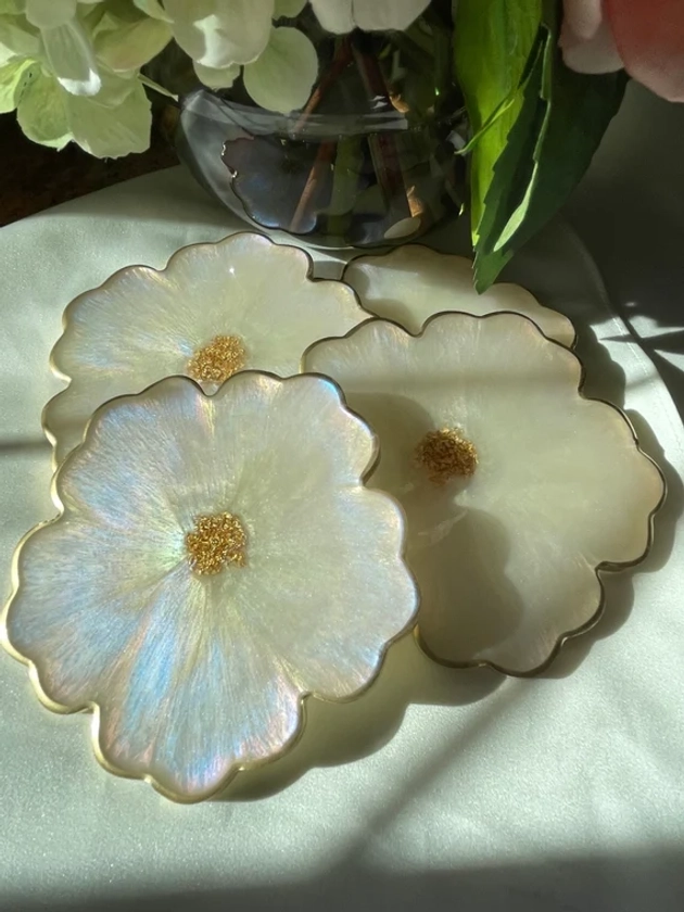 Iridescent Opalescent Floral Resin Coasters (4) in Muted Pastel Colors Accented with Gold Leaf Flakes Edged in Gold Leafing