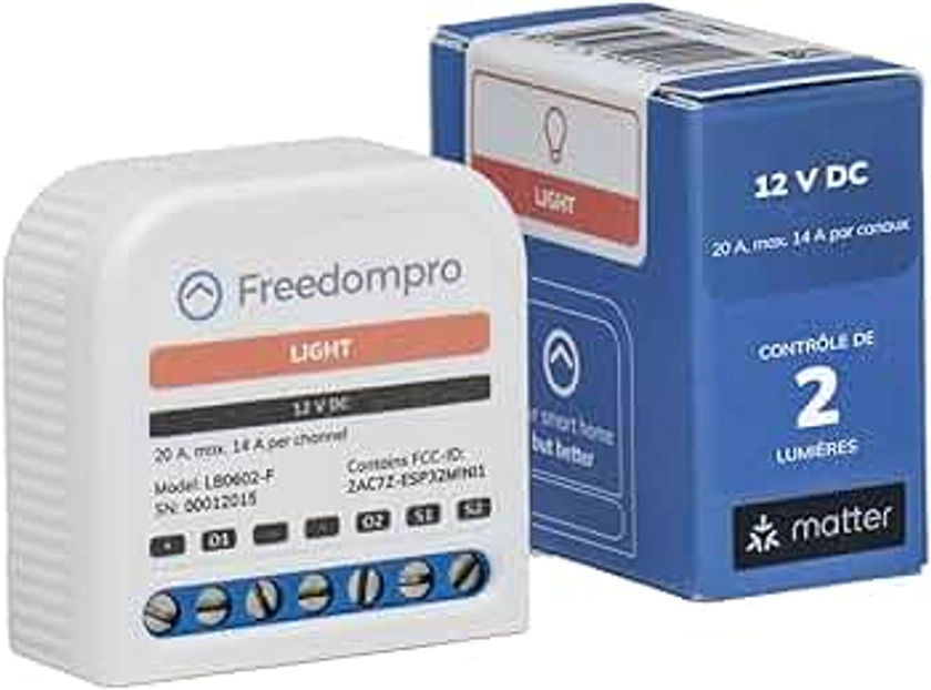 Freedompro Module Lumières Mini LB0602-F, Interrupteur WiFi Intelligent 2 Canaux, Domotique, Compatible avec HomeKit Apple, Alexa, Google Home, Matter, sans Hub, 12V, Boîte d'Encastrement/Extérieur