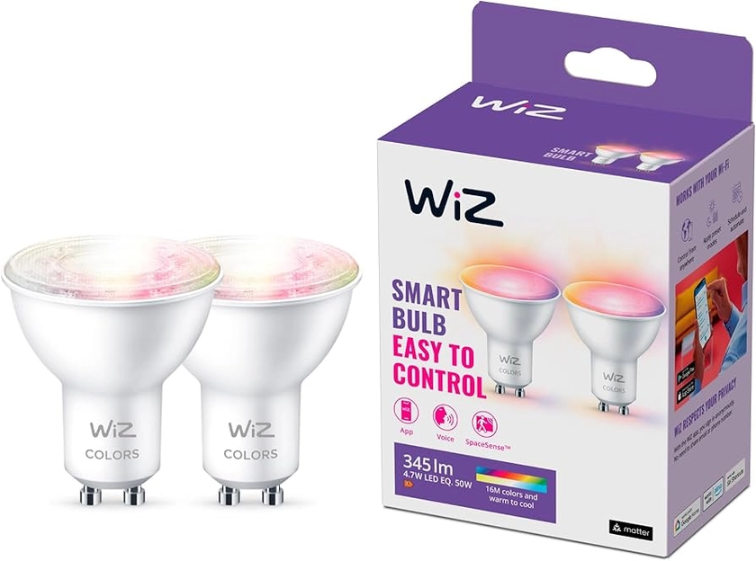WiZ - Bombilla LED Inteligente Wi-Fi 4,9W (Eq. 50W) casquillo GU10, Luz Blanca y de Colores, con tecnología SpaceSense y compatible con Alexa y Google Home - Pack de 2