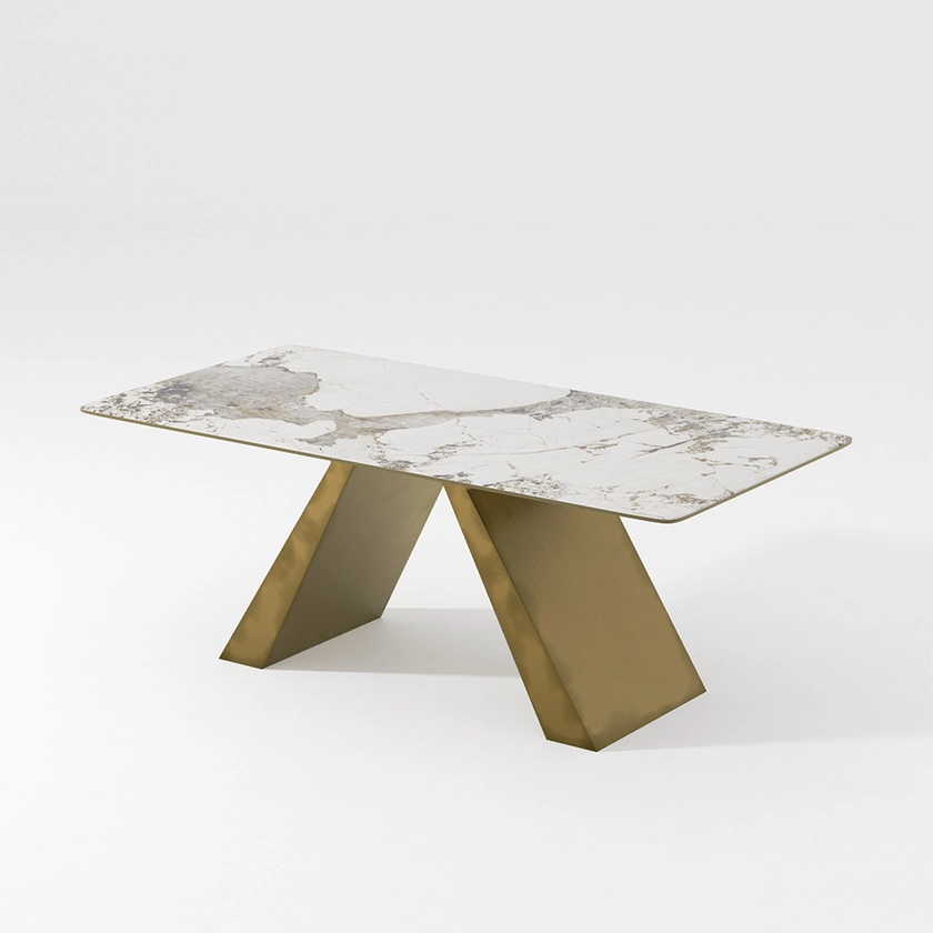 Modern Rectangular Stone Dining Table, Curved Corners, Gold Symmetrical Stainless Steel Legs, Glossy White