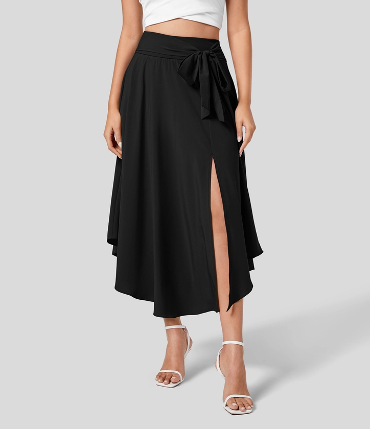 Breezeful™ High Waisted Tie Side Split 2-in-1 Curved Hem Flowy Flare Quick Dry Midi Casual Skirt