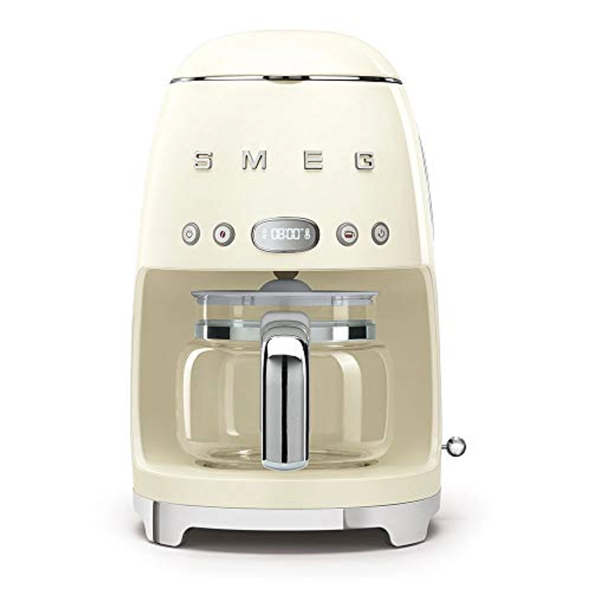 Amazon.com: Smeg Máquina de café estética estilo retrô dos anos 50 com jarra de vidro para 10 xícaras, recurso de partida automática, prato de manter quente e duas configurações de força de café (creme) : Casa