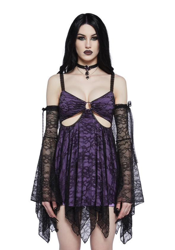 Widow Fairy Witch Fairycore Handkerchief Cut Out Hem Mini Lace Dress - Purple