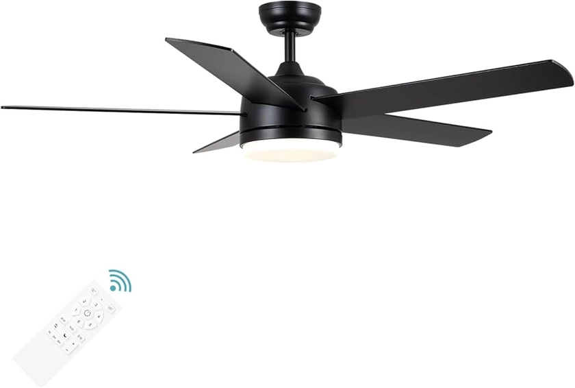 YUHAO 52 inch Black Ceiling Fan with Lights and Remote Control,Dimmable 3 Color temperatures LED,6 Speed Reversible DC Motor,5 Blades Modern Ceiling Fan for Indoor or Covered Outdoor