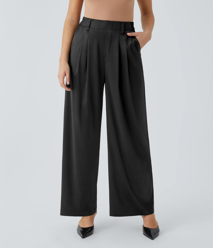 High Waisted Plicated Side Pocket Wide Leg Satin Work Pants