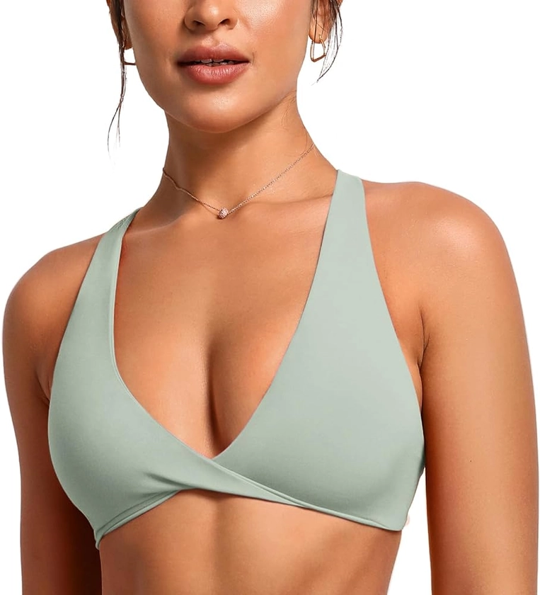 VANTONIA Womens Butterluxe Twist Front Sports Bra Deep V-Neck Crop Top Strappy Cross Back Bra with Nipple Covers-Vivi Bra