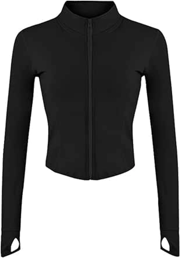 Gihuo Women's Athletic Full Zip Lightweight Workout Jacket Cropped Gym Yoga Track Jacket with Thumb Holes（Black-S） at Amazon Women’s Clothing store