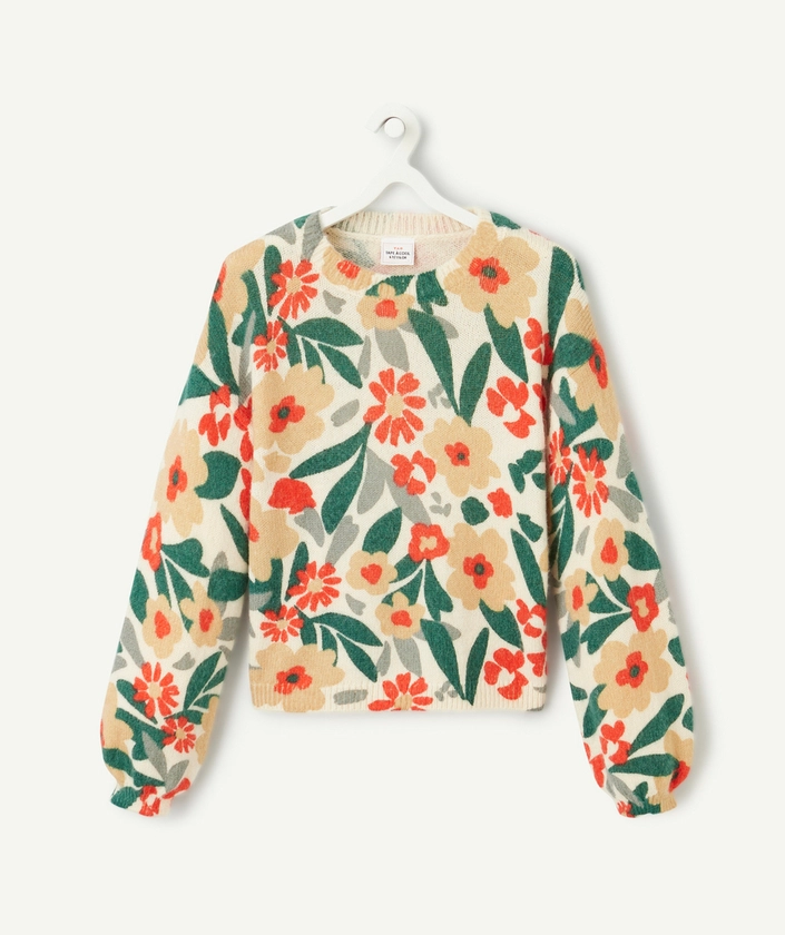 pull tout doux fille en coton bio imprimé fleuri rouge vert et jaune