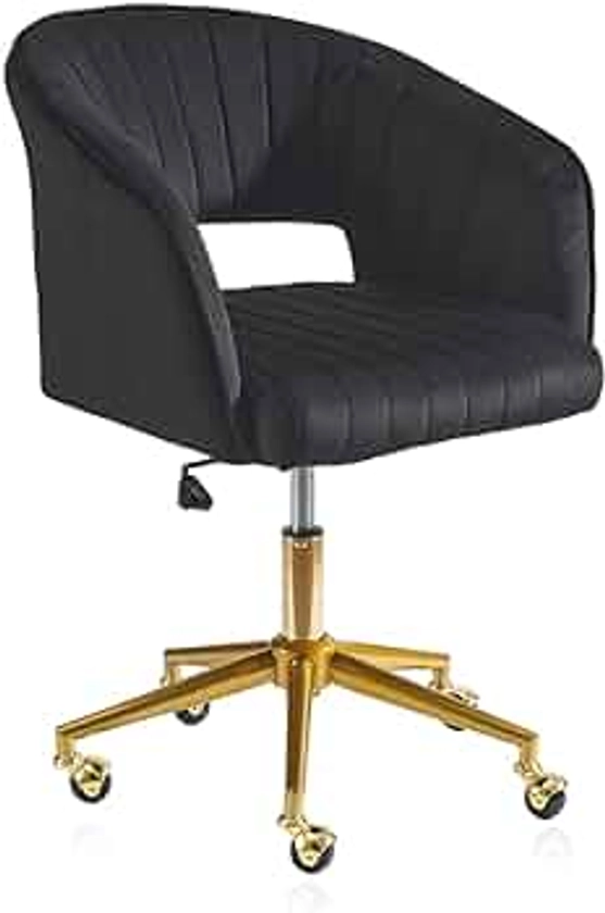 Qtivii Velvet Office Chair, Adjustable Swivel with Gold Base, Home Office Desk Chair for Living Room, Bedroom, Vanity, Study (Black)