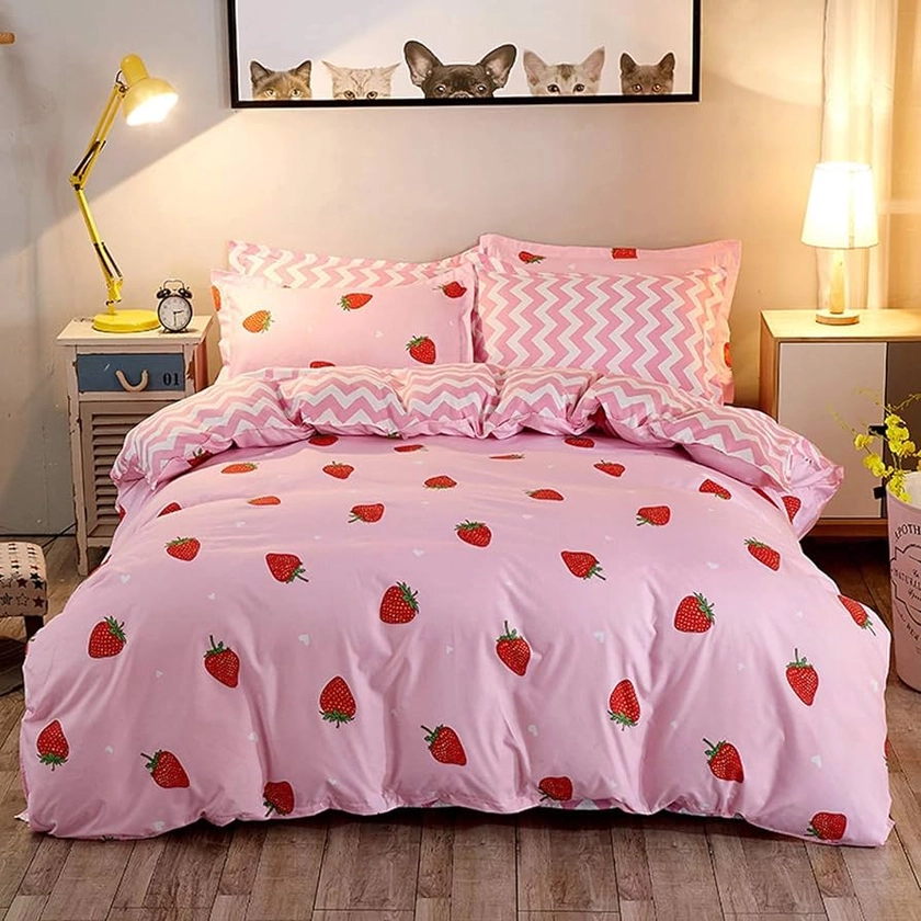 Strawberry Bedding Duvet Cover Set Double Bedding for Kids Girls Bedding Set Cute Comforter Cover with 2 Pillowcases Tropical Fruit Bedding Cover Microfiber Kawaii Bedding Zipper 3 Pieces Pink Red