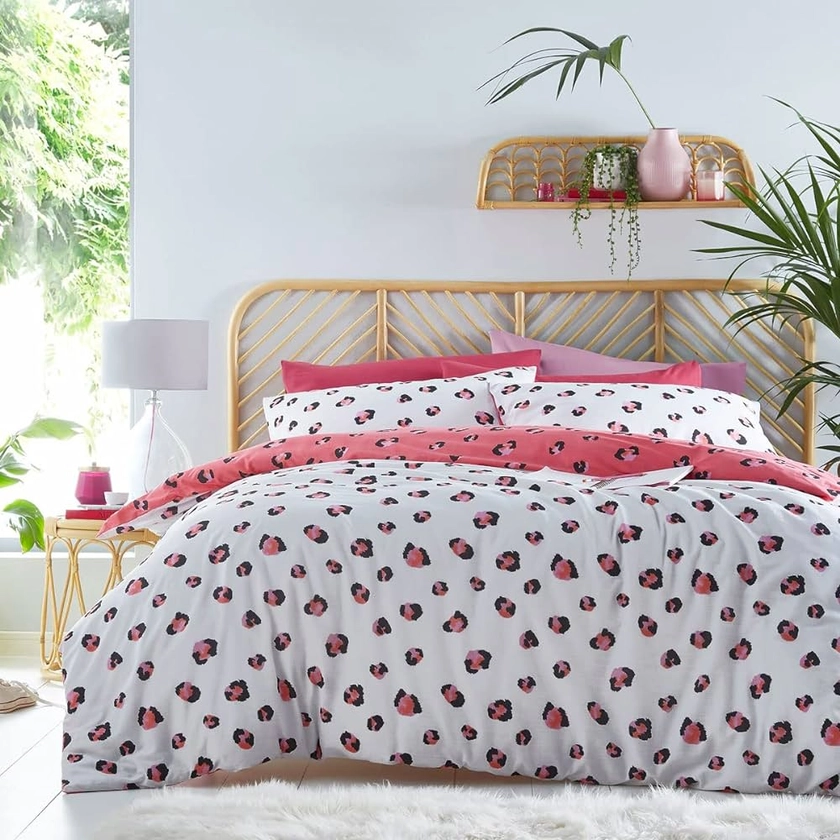 Leopard Print Duvet Set Quilt Cover Pillow Cases White Pink Bedding (Double)