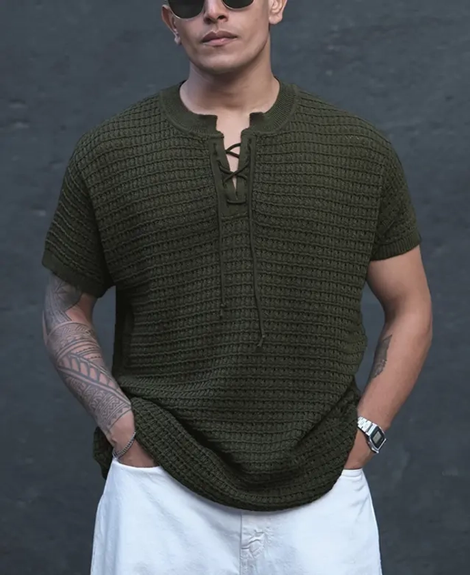 Olive Green Structured Knitted Half Sleeves T Shirt