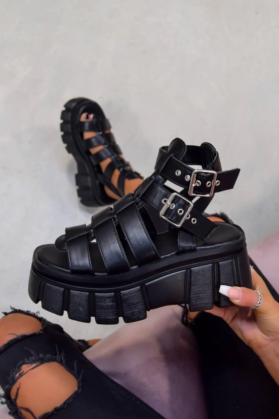 LOCKDOWN Super Chunky Caged Platform Sandals - Black PU