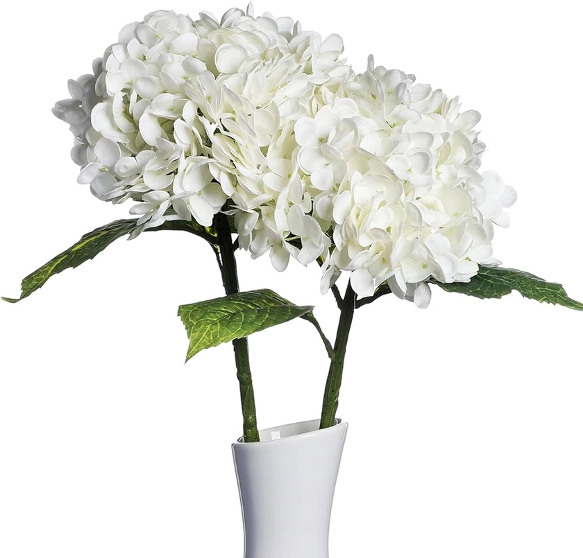 huaao Lot de 2 grandes fleurs d'hortensia artificielles comme de véritables longues tiges - Bouquets de fleurs d'hortensia - Décoration pour mariage, bureau, centre de table, salon, fête - Blanc