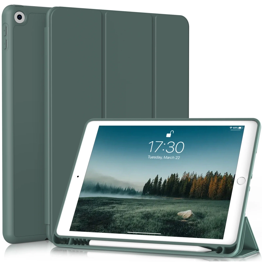 Aoub iPad 6th Generation Case 2018 iPad 5th Generation Case 2017 with Pencil Holder, Slim Lightweight Soft TPU Back Smart Cover, Auto Sleep/Wake, Tri-fold Case for iPad 9.7 inch, Dark Green