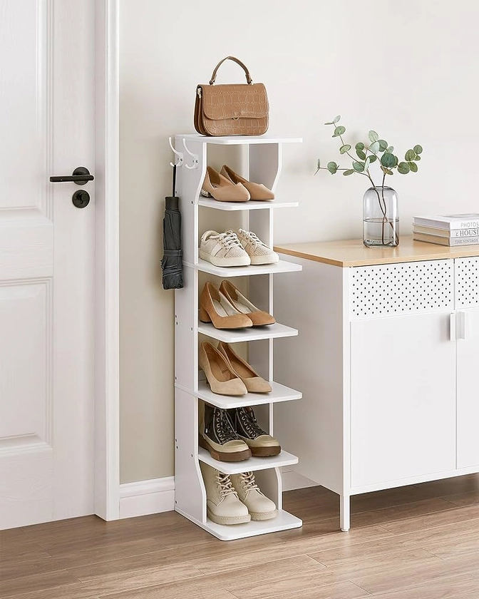 Amazon.com: VASAGLE 7 Tier Vertical Shoe Rack, Narrow Shoe Storage Organizer with Hooks, Slim Wooden Corner Shoe Tower Rack, Robust and Durable, Space Saving for Entryway and Bedroom, White ULBS200T14 : Home & Kitchen