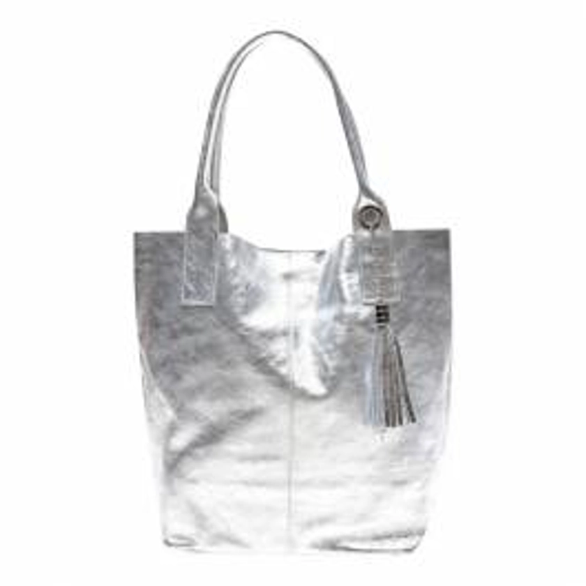 Silver Leather Tote Bag