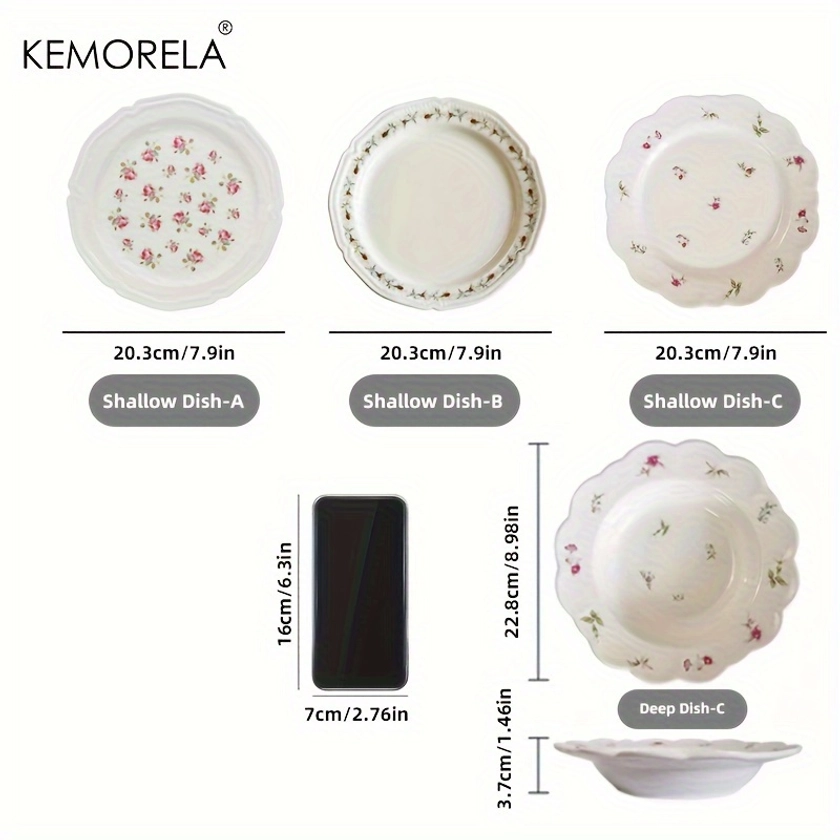 KEMORELA Ceramic Dinner Plates with Floral Design - Round Flower Theme Plates for All Seasons - Versatile Deep and Shallow Plates for Steak, Salad, Cake, Breakfast, and Dessert - Ideal for Restaurants and Home Use