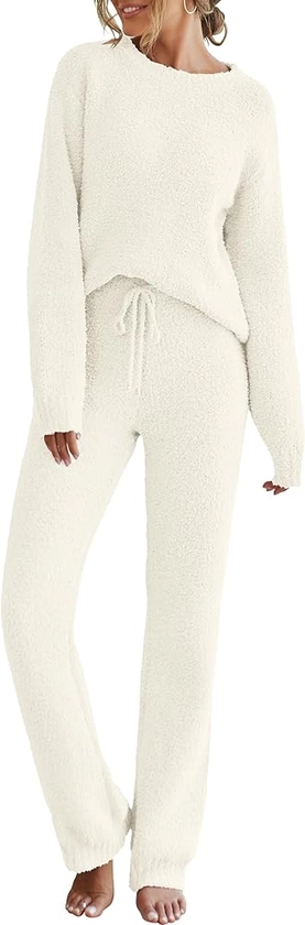 MEROKEETY Womens Fuzzy Fleece Long Sleeve 2 Piece Loungewear Outfits Sweater Pants Pajama Sets