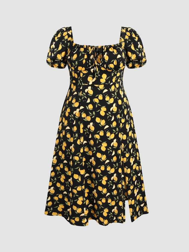 Fruit Square Neck Puff Sleeve Midi Dress Curve & Plus