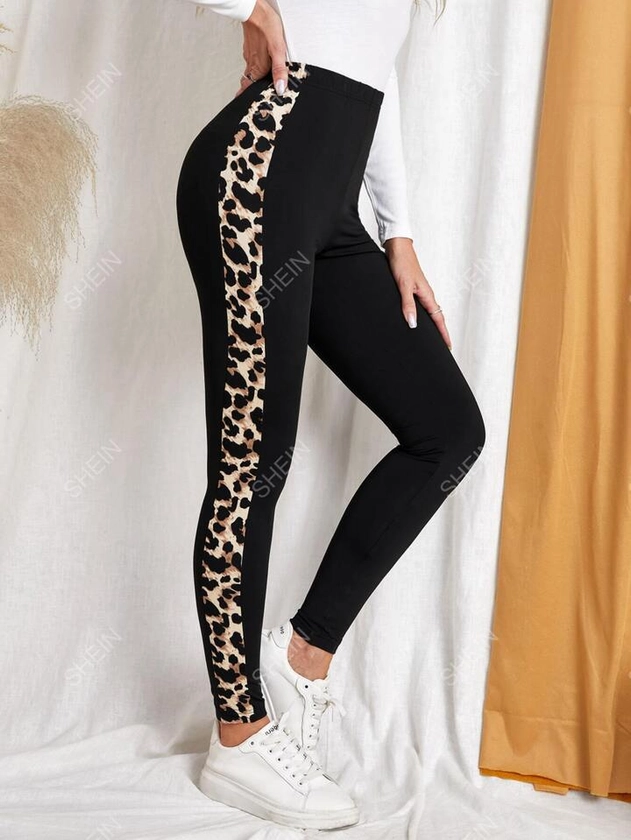 EMERY ROSE Contrast Leopard Side Seam Leggings