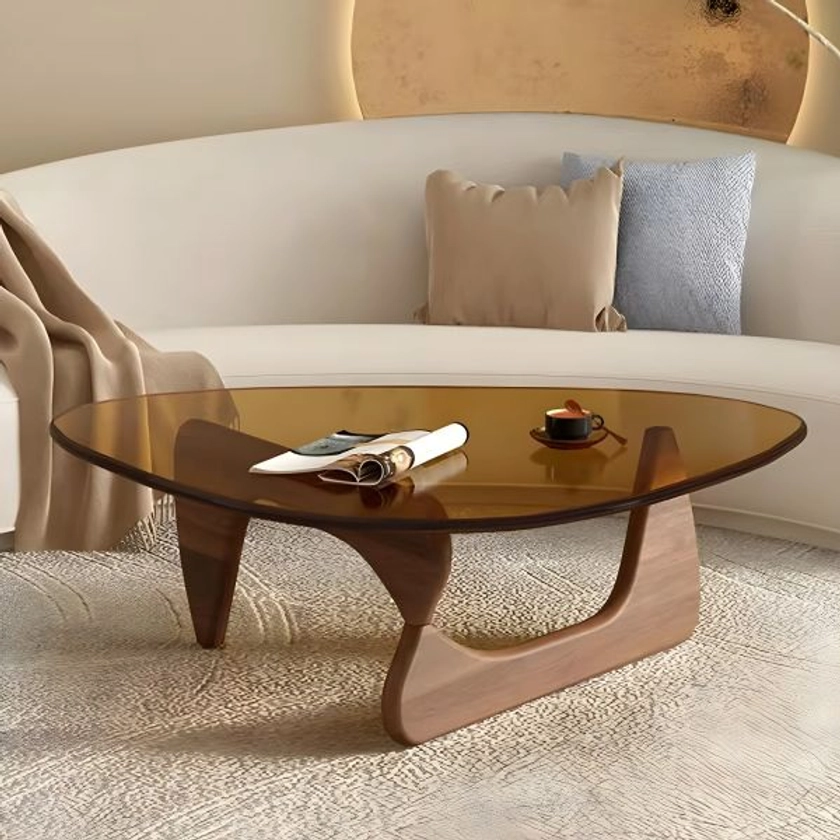 Contemporary Abstract Wooden Base Irregular Glass Top Coffee Table - Walnut Brown