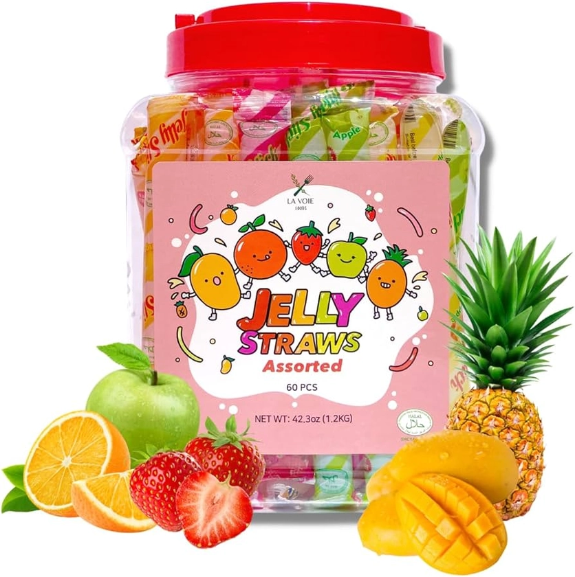 Jelly Fruits Straws 60Pcs, Fruit Jelly Filled Strips (42.3oz), 5 Flavor Assorted Fruit Jelly Sticks,- Strawberry, Orange, Apple, Pineapple, Mango 42.3oz (Halal Certificated and Fat-Free)
