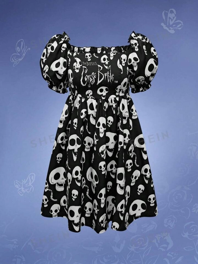 Corpse Bride | ROMWE Vestido corto para mujer con cuello cuadrado lindo, logo y estampado de calavera, manga abullonada, para la escuela