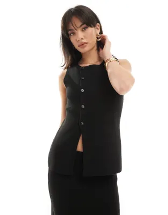 ASOS DESIGN - Gilet de costume boutonné et asymétrique en maille avec fente - Noir | ASOS