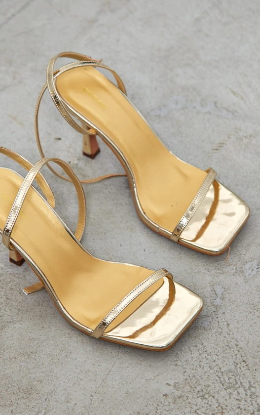 Gold Pu Square Toe Barely There Mid Heeled Sandals
