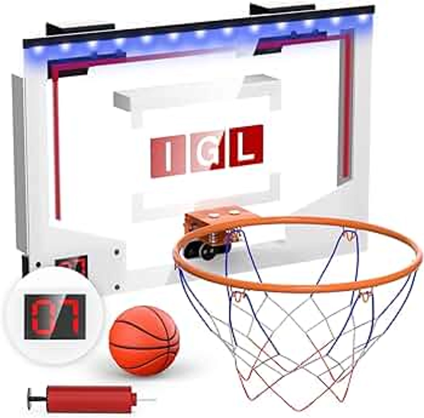 IGL Mini Basketball Hoop Indoor, Over The Door Basketball Hoop Outdoor Wall Mounted with Electronic Scoreboard, Music, LED Lighting and Ball/Pump for Basketball Portable Hoops & Goals