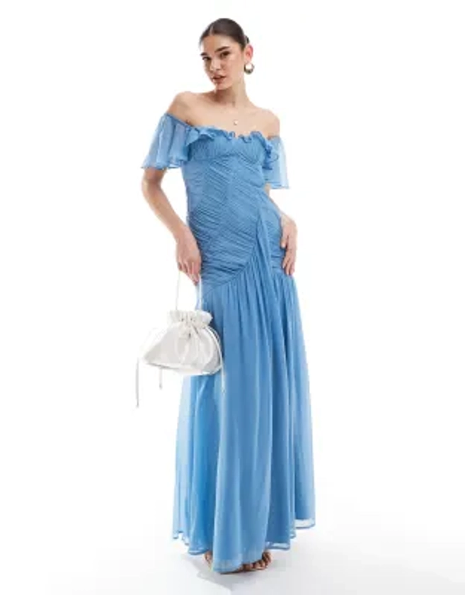 ASOS DESIGN - Robe longue à fronces et encolure bardot volantée - Bleu