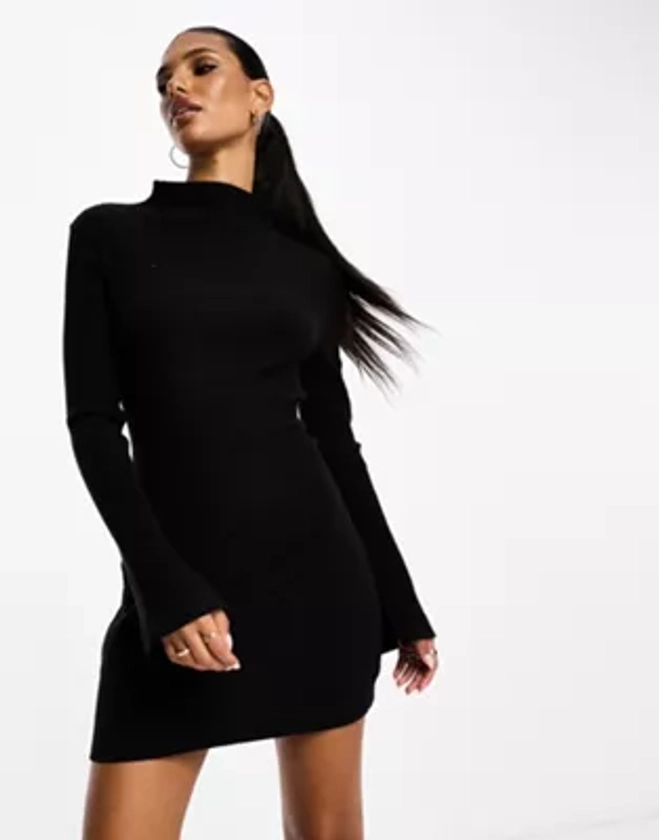 ASOS DESIGN - Robe courte ultra douce au toucher à manches longues et col montant - Noir | ASOS