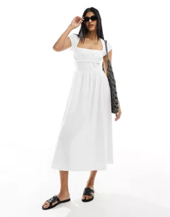 ASOS DESIGN square neck shirred bodice midi dress with eyelet bust in white