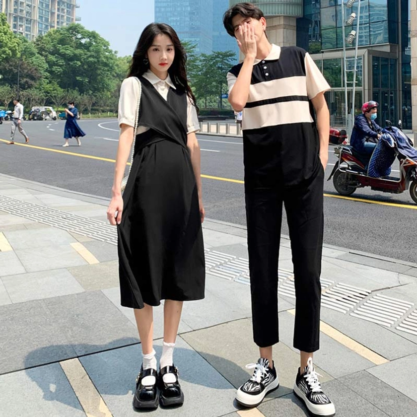 Girlfriend Boyfriend Fake Two Pieces Dress Colorblock T-Shirt Pants Set