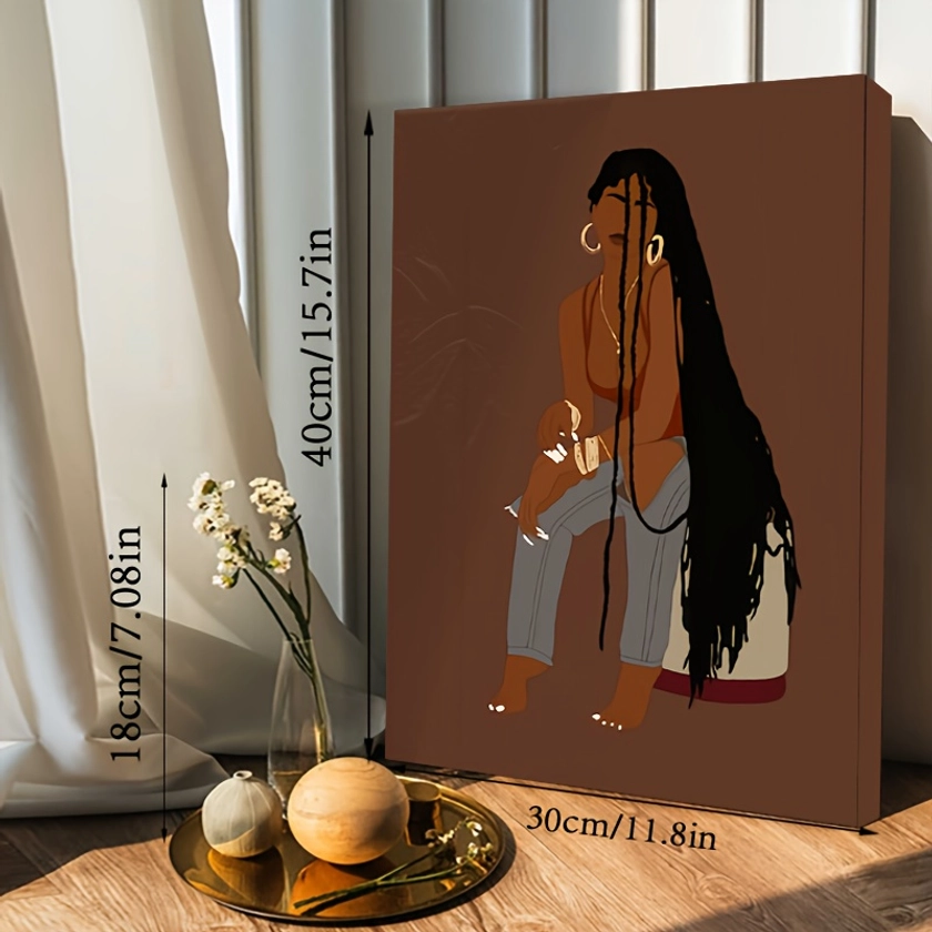 Afro Woman Wall Art Canvas Painting with Wooden Frame - Home Decor Poster for Her/Him - Ready to Hang Festive Gift