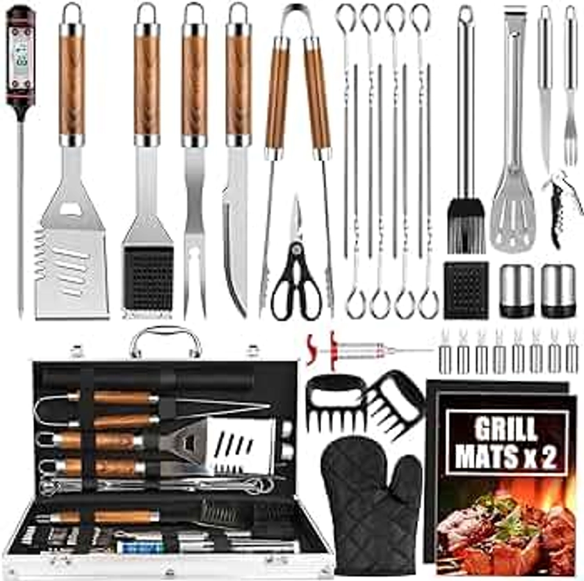 BBQ Grill Utensils Set for Camping/Backyard, 38Pcs Stainless Steel Grill Tools Grilling Accessories with Barbecue Mats, Aluminum Case, Thermometer for Men Women