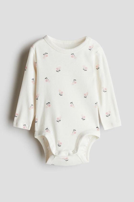 Body à manches longues - Encolure ronde - Manches longues - Blanc/cerises - ENFANT | H&M FR