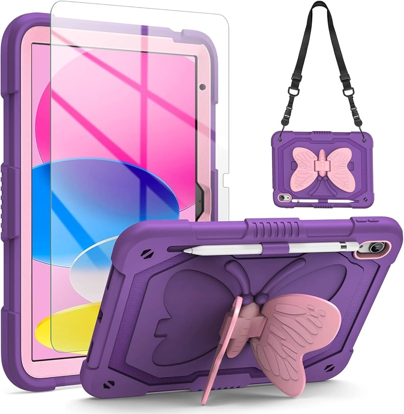 VOFUOE for iPad 10th Generation Case for Kids Girls for iPad 10th 2022 10.9 Cases with Screen Protector Shoulder Strap Butterfly Wings Stand Pencil Holder Rugged Cover for iPad 10th Gen 10.9-Purple