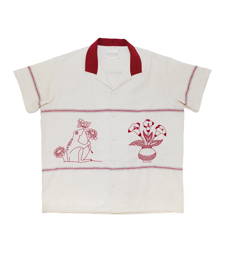 Frog & Vase Embroidered Shirts (Cream / Wine)