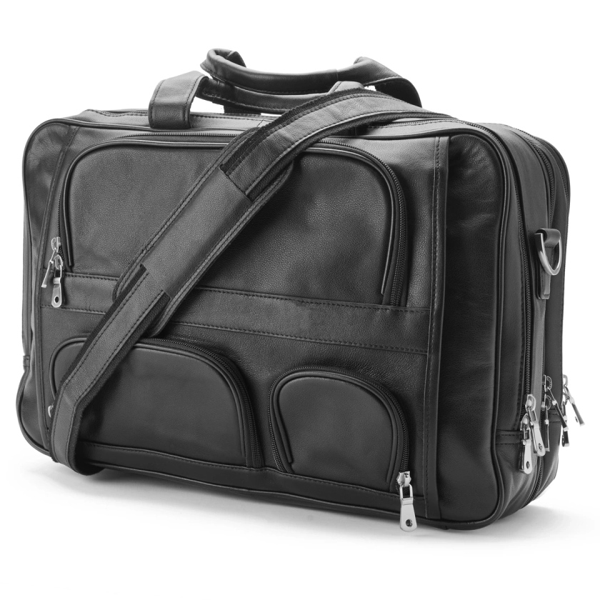 Black Leather Multifunction Laptop Messenger Bag | In stock! | Delton Bags