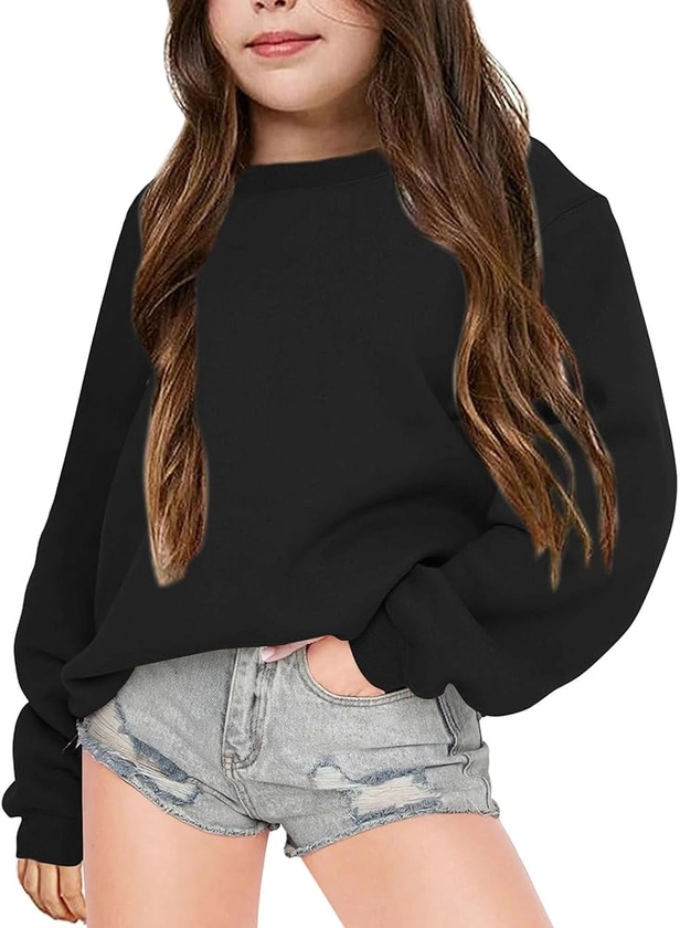 Amazon.com: Fanway&EC Girls Casual Crewneck Sweatshirts Long Sleeve Cute Pullover Oversized Lightweight Fleece Tops Black: Clothing, Shoes & Jewelry