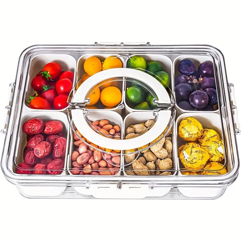 1pc, Divided Serving Tray With Lid And Handle - Snack Box Charcuterie Container For Portable Snack Platters - Clear Organizer For Candy, Fruits, Nuts,