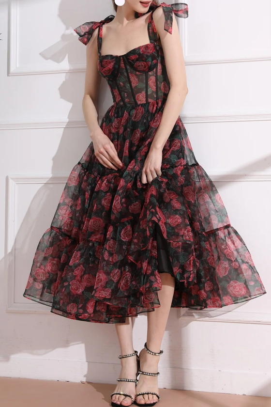 MissJophiel Strapless Corset Dress Floral Print Organza Midi Dress with Removable Straps