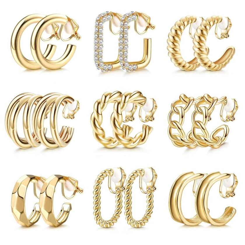 Yanxyad 9 Pairs Gold Clip on Hoop Earrings for Women Retro Clip on Earrings Twist Triple CZ Square Chunky Hoop Earrings Geometry Clip Earrings No Piercing Fake Earrings | SHEIN USA