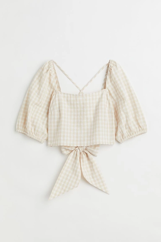 Cropped Linen Blend Blouse - Square neckline - Short sleeve - Light beige/Check - Ladies | H&M AU