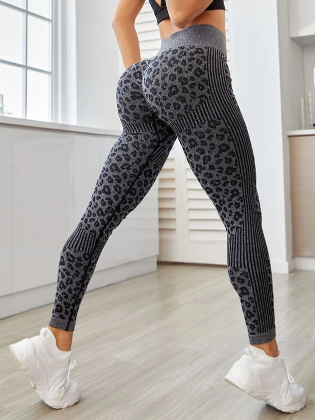 Yoga Trendy Seamless Leopard Print Wideband Waist Sports Leggings